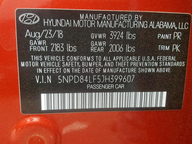 5NPD84LF5JH399607 - 2018 HYUNDAI ELANTRA SE RED photo 10