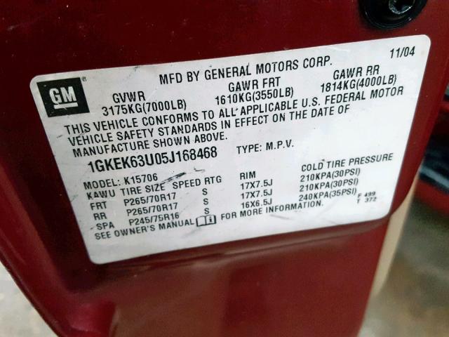 1GKEK63U05J168468 - 2005 GMC YUKON DENA BURGUNDY photo 10