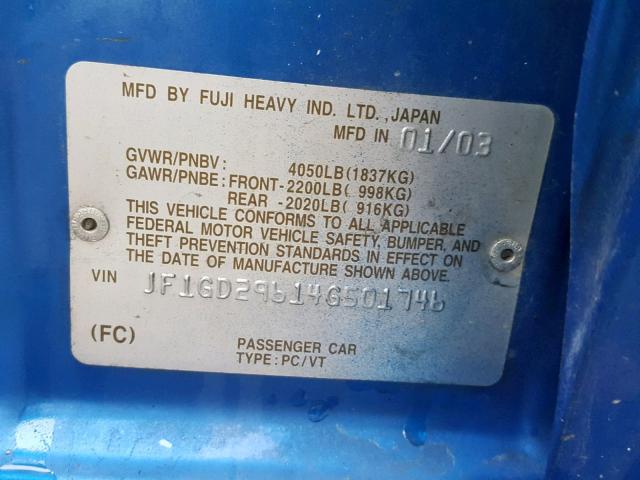 JF1GD29614G501746 - 2004 SUBARU IMPREZA WR BLUE photo 10