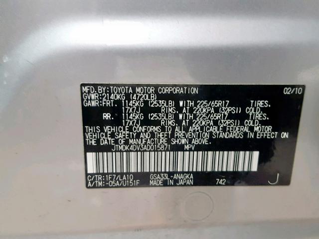 JTMDK4DV3AD015871 - 2010 TOYOTA RAV4 LIMIT SILVER photo 10