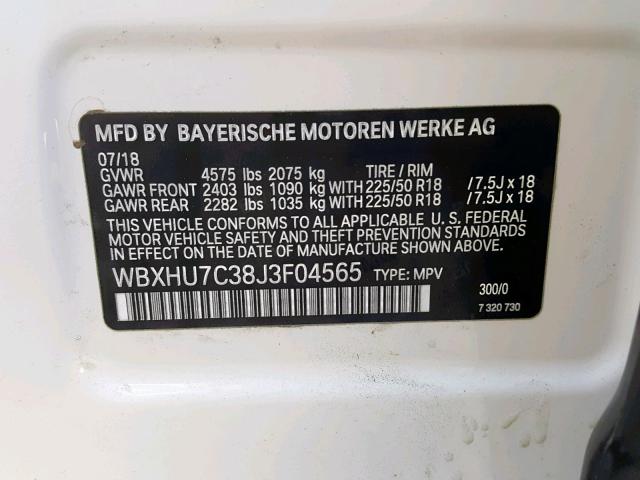 WBXHU7C38J3F04565 - 2018 BMW X1 SDRIVE2 Blanc photo 10