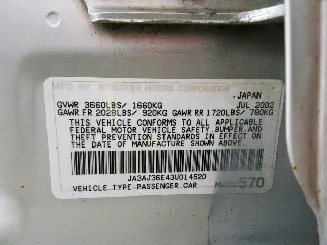 JA3AJ36E43U014520 - 2003 MITSUBISHI LANCER LS SILVER photo 10