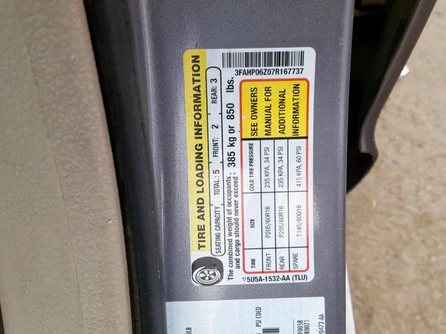 3FAHP06Z07R167737 - 2007 FORD FUSION S GRAY photo 10