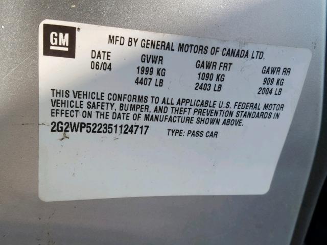 2G2WP522351124717 - 2005 PONTIAC GRAND PRIX SILVER photo 10