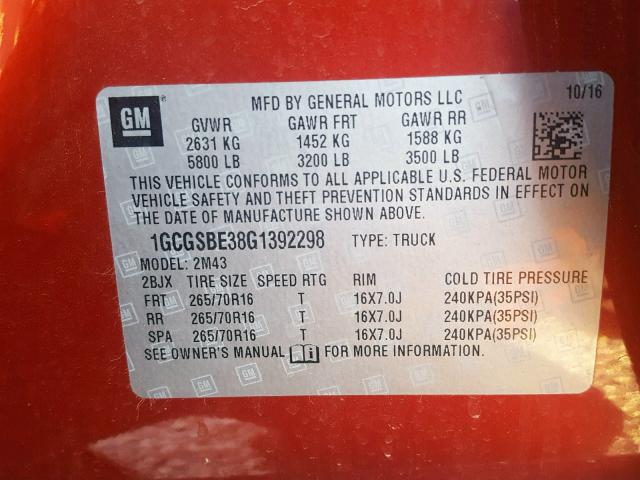 1GCGSBE38G1392298 - 2016 CHEVROLET COLORADO RED photo 10