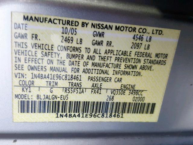 1N4BA41E96C818461 - 2006 NISSAN MAXIMA SE SILVER photo 10