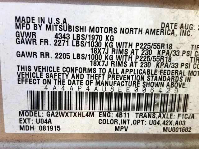 4A4AP4AU8EE006429 - 2014 MITSUBISHI OUTLANDER SILVER photo 10