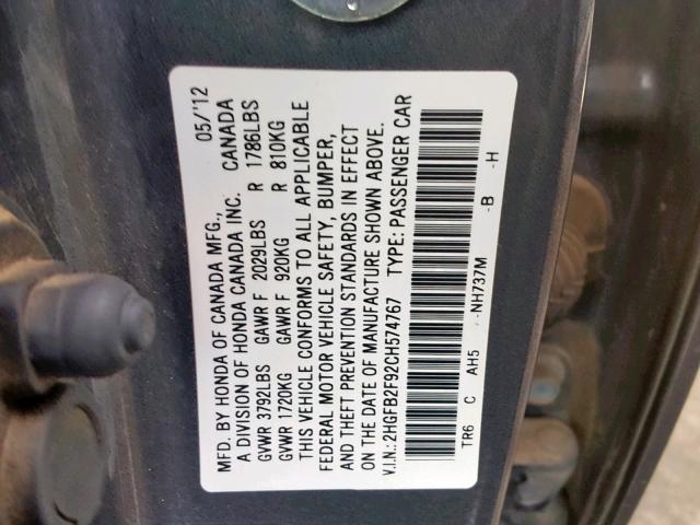 2HGFB2F92CH574767 - 2012 HONDA CIVIC EXL CHARCOAL photo 10