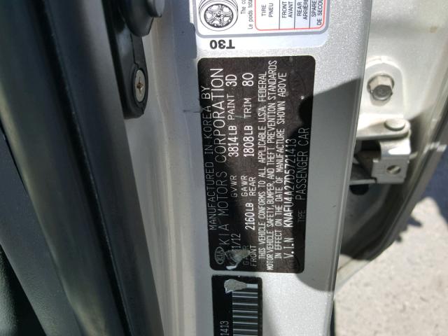 KNAFU4A27D5721413 - 2013 KIA FORTE EX SILVER photo 10