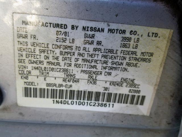 1N4DL01D01C238611 - 2001 NISSAN ALTIMA XE GRAY photo 10