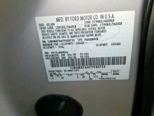 1LNHM87A4YY930755 - 2000 LINCOLN LS SILVER photo 10