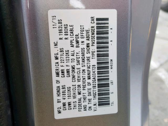 1HGCT1B33GA004728 - 2016 HONDA ACCORD LX- SILVER photo 10