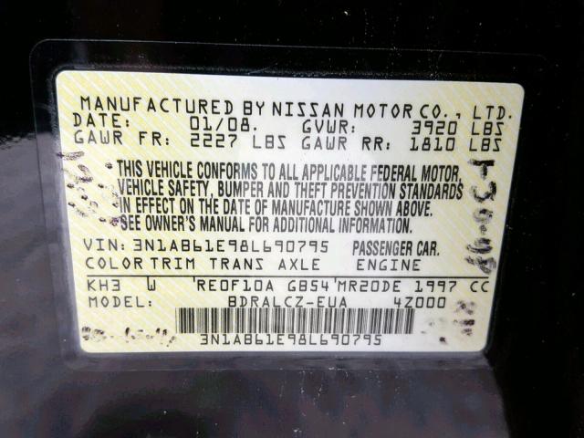 3N1AB61E98L690795 - 2008 NISSAN SENTRA 2.0 BLACK photo 10