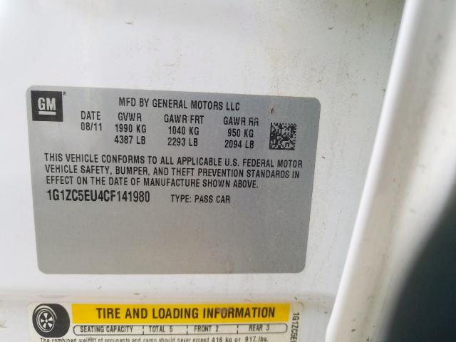 1G1ZC5EU4CF141980 - 2012 CHEVROLET MALIBU 1LT 白色 照片 10