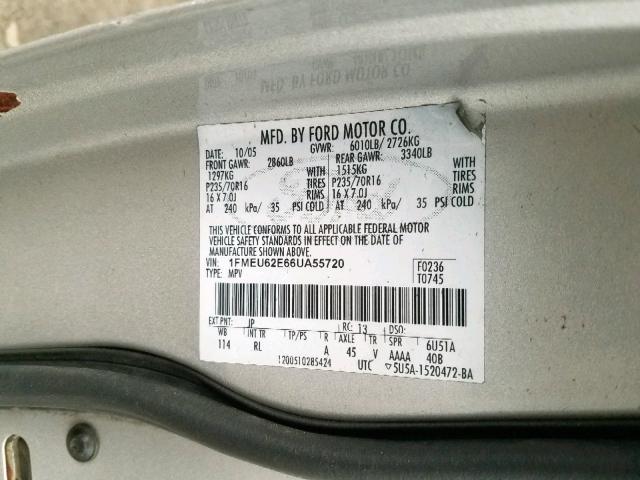 1FMEU62E66UA55720 - 2006 FORD EXPLORER X GRAY photo 10