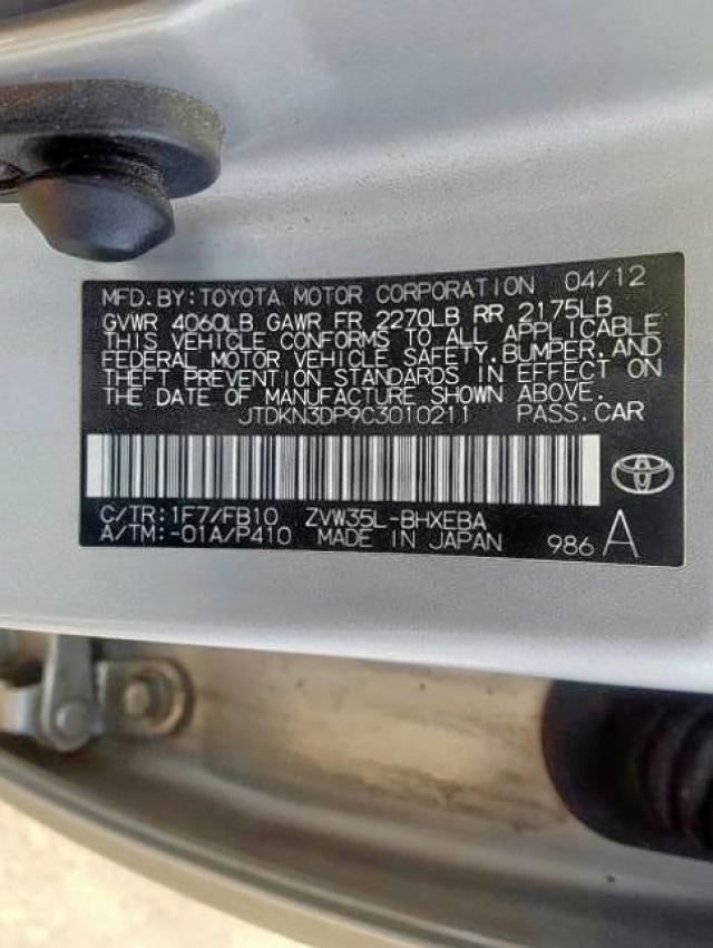 JTDKN3DP9C3010211 - 2012 TOYOTA PRIUS PLUG SILVER photo 10