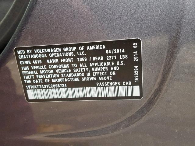 1VWAT7A31EC095734 - 2014 VOLKSWAGEN PASSAT S GRAY photo 10