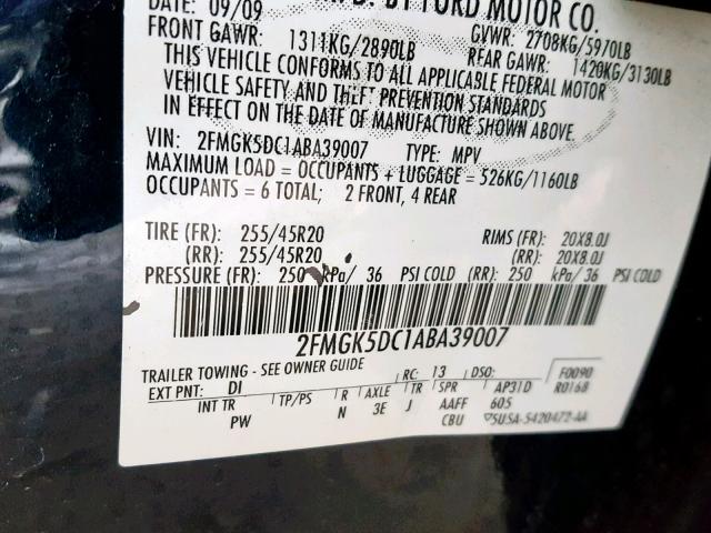 2FMGK5DC1ABA39007 - 2010 FORD FLEX LIMIT BLUE photo 10