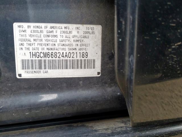 1HGCM66824A021189 - 2004 HONDA ACCORD EX CHARCOAL photo 10