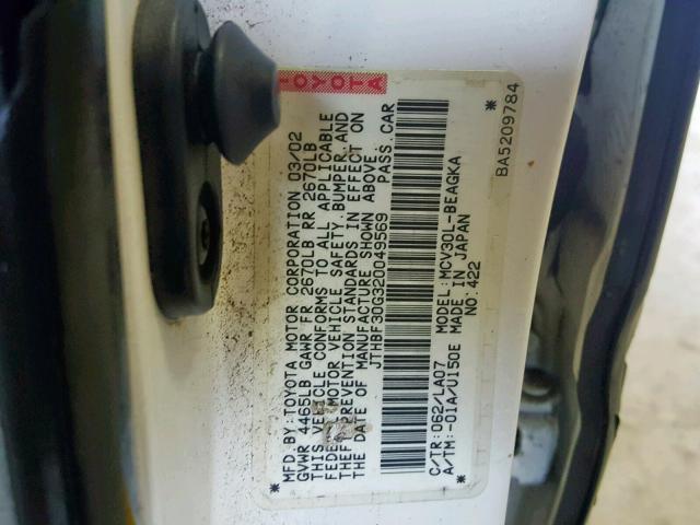 JTHBF30G320049569 - 2002 LEXUS ES 300 WHITE photo 10