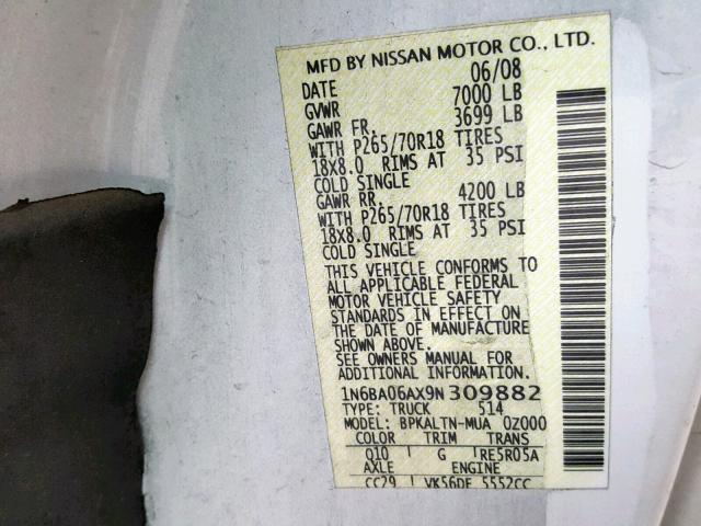 1N6BA06AX9N309882 - 2009 NISSAN TITAN XE WHITE photo 10