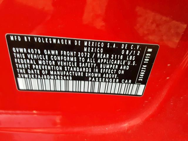 3VW2K7AJ8DM362449 - 2013 VOLKSWAGEN JETTA BASE Կարմիր լուսանկար 10