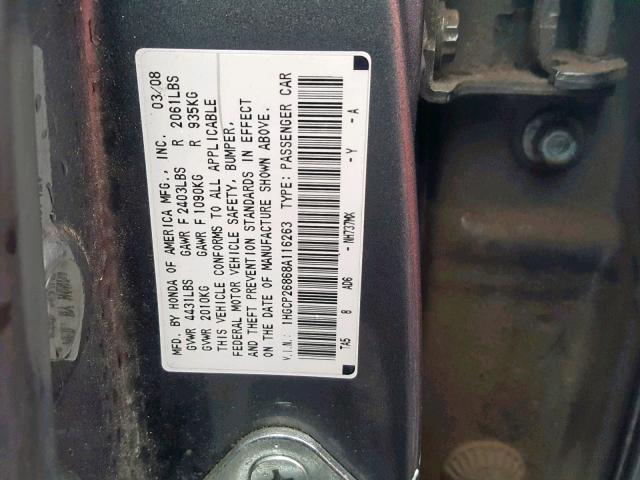 1HGCP26868A116263 - 2008 HONDA ACCORD EXL GRAY photo 10