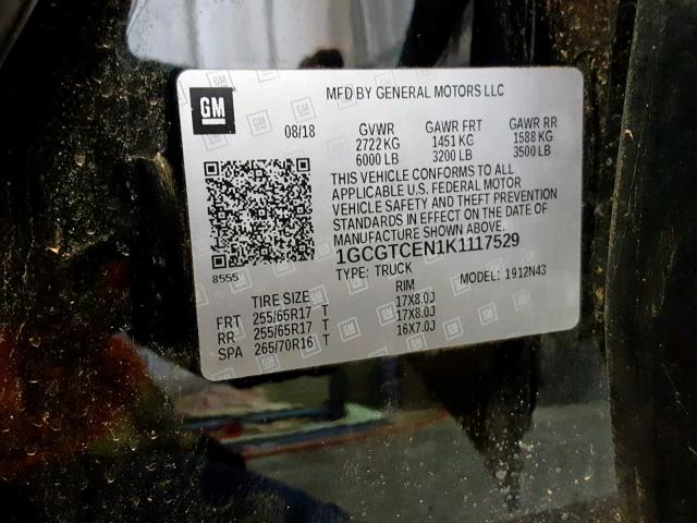 1GCGTCEN1K1117529 - 2019 CHEVROLET COLORADO L BLACK photo 10