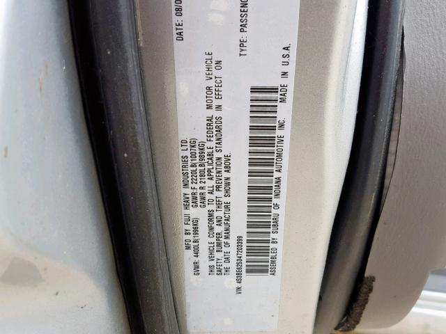 4S3BE625347203399 - 2004 SUBARU LEGACY L S SILVER photo 10