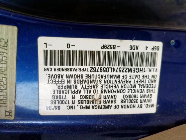 1HGEM22574L059762 - 2004 HONDA CIVIC LX BLUE photo 10