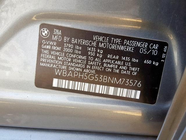 WBAPH5G53BNM73576 - 2011 BMW 328 I SULE GRAY photo 10