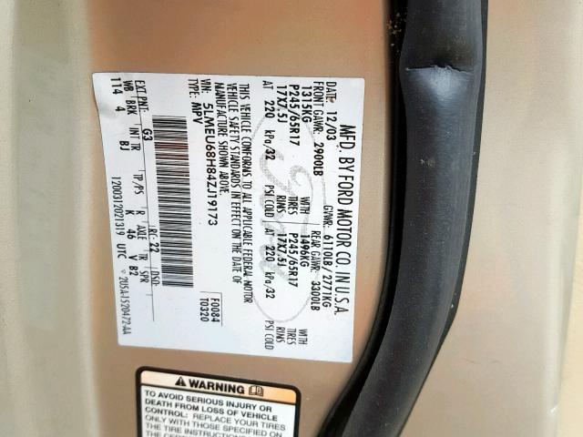 5LMEU68H84ZJ19173 - 2004 LINCOLN AVIATOR 棕色 照片 10