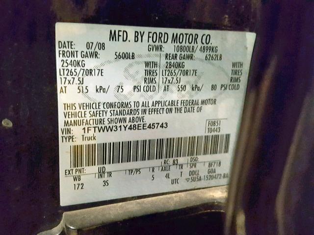 1FTWW31Y48EE45743 - 2008 FORD F350 SRW S BLACK photo 10