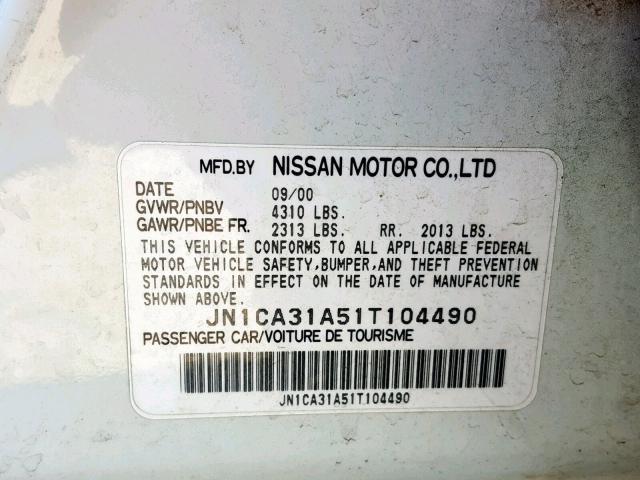 JN1CA31A51T104490 - 2001 NISSAN MAXIMA GXE WHITE photo 10