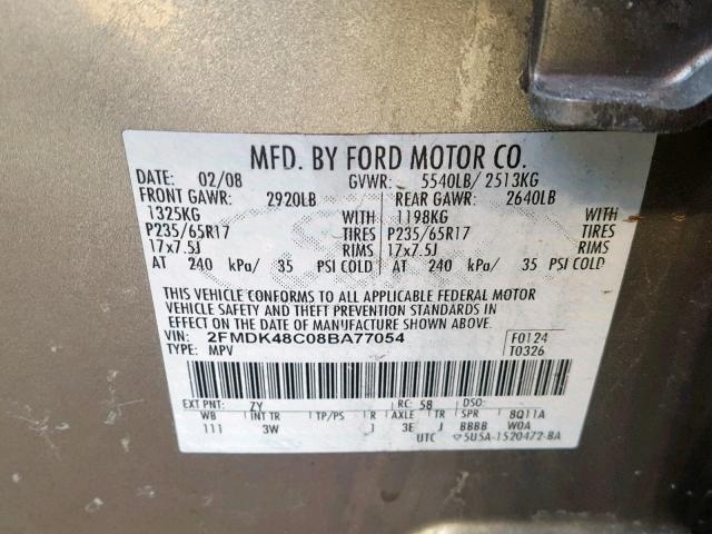 2FMDK48C08BA77054 - 2008 FORD EDGE SEL SILVER photo 10