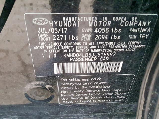 KMHD04LB5JU518987 - 2018 HYUNDAI ELANTRA SP BLACK photo 10