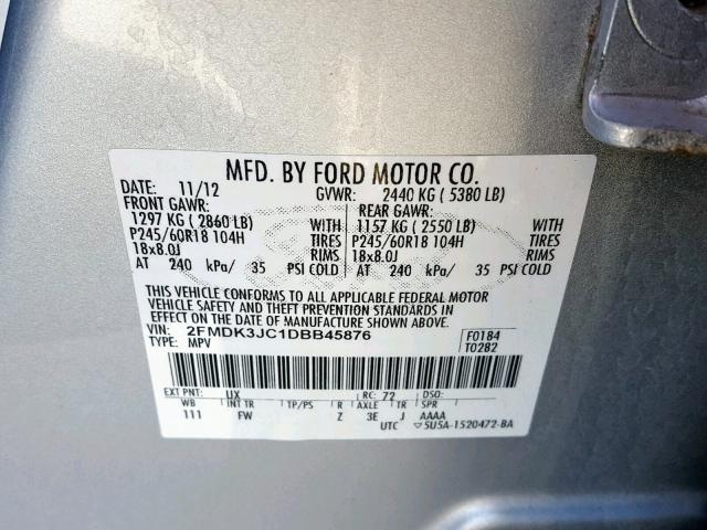 2FMDK3JC1DBB45876 - 2013 FORD EDGE SEL SILVER photo 10