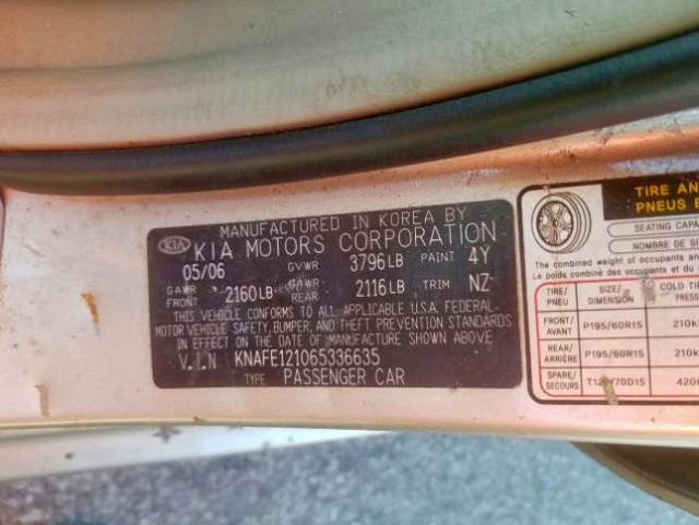 KNAFE121065336635 - 2006 KIA SPECTRA LX TAN photo 10