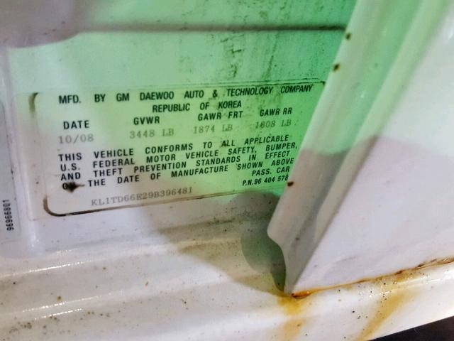 KL1TD66E29B396481 - 2009 CHEVROLET AVEO LS WHITE photo 10