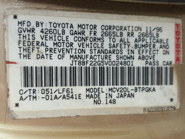 JT8BF22G5V0024801 - 1997 LEXUS ES 300 BEIGE photo 10