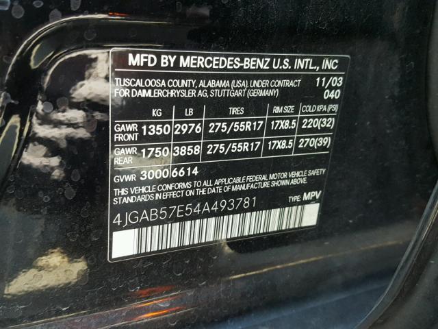 4JGAB57E54A493781 - 2004 MERCEDES-BENZ ML 350 BLACK photo 10