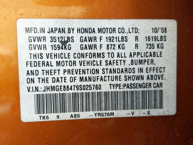 JHMGE88479S025760 - 2009 HONDA FIT SPORT ORANGE photo 10