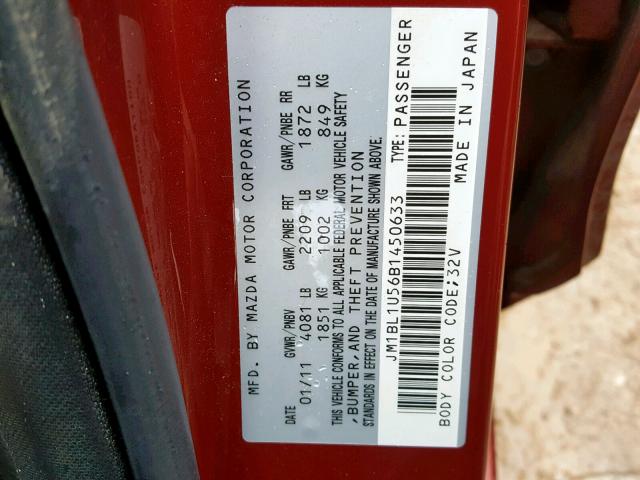 JM1BL1U56B1450633 - 2011 MAZDA 3 S RED photo 10