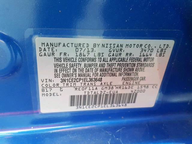 3N1CE2CP1EL363648 - 2014 NISSAN VERSA NOTE BLUE photo 10