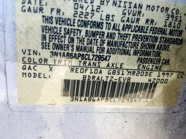 3N1AB6AP8CL729547 - 2012 NISSAN SENTRA 2.0 WHITE photo 10