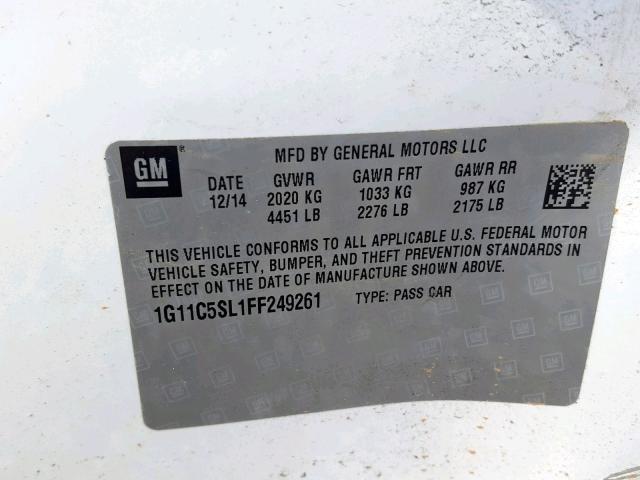 1G11C5SL1FF249261 - 2015 CHEVROLET MALIBU 1LT WHITE photo 10