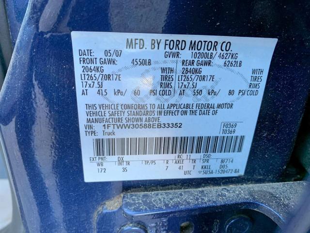 1FTWW30588EB33352 - 2008 FORD F350 SRW S BLUE photo 9