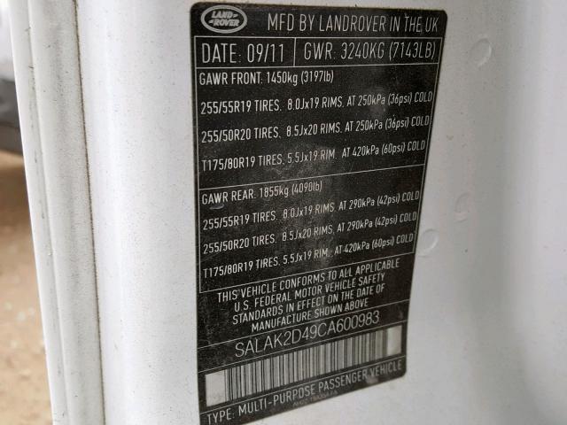 SALAK2D49CA600983 - 2012 LAND ROVER LR4 HSE LU WHITE photo 10