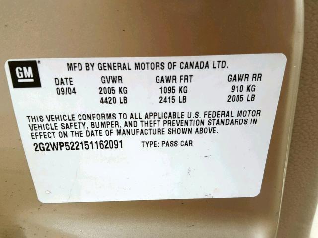 2G2WP522151162091 - 2005 PONTIAC GRAND PRIX GOLD photo 10