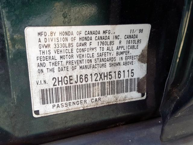 2HGEJ6612XH516115 - 1999 HONDA CIVIC BASE GREEN photo 10